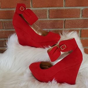 Buy 1 Get 1 Half Off Faux Red Velvet Wedges